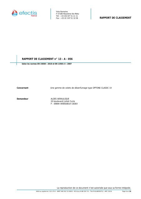 Rapport Classement OPTONE CLASSIC 1V - Aldes