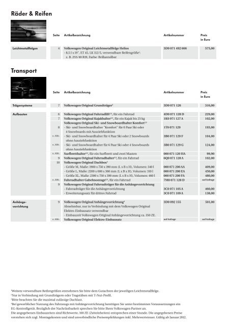 Zubehör für den Phaeton. Die Preisliste. - Volkswagen AG