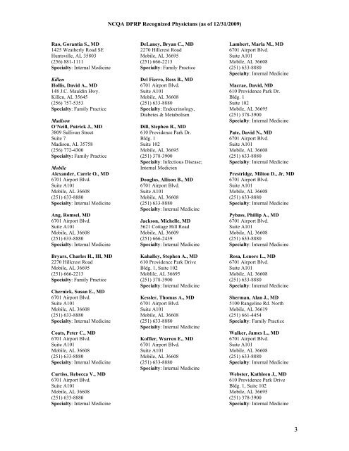 NCQA DPRP Recognized Physicians (as of 12/31/2009) - Hospira