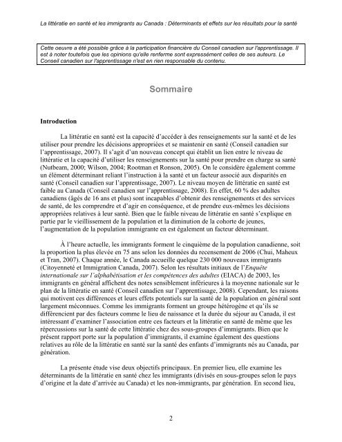 La littératie en santé et les immigrants au Canada : Déterminants et ...