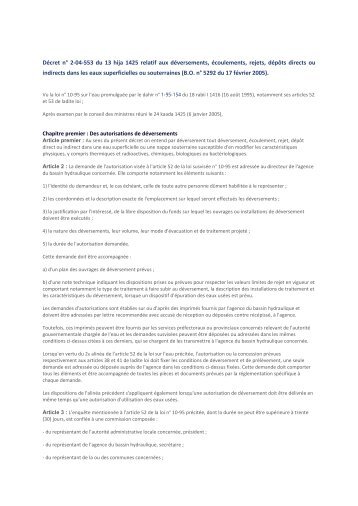 DÃ©cret nÂ° 2-04-553 du 13 hija 1425 relatif aux dÃ©versements ...