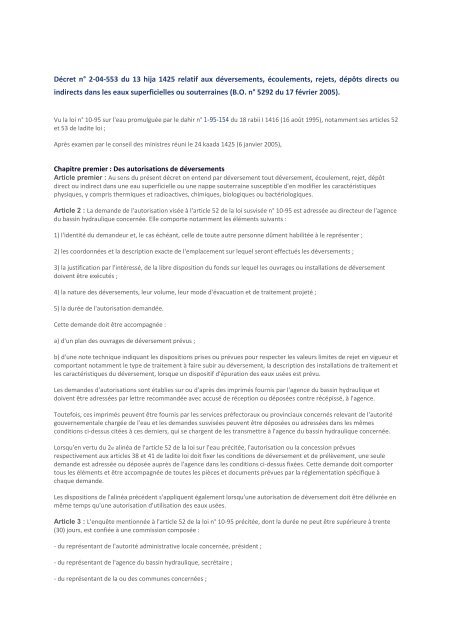 DÃ©cret nÂ° 2-04-553 du 13 hija 1425 relatif aux dÃ©versements ...