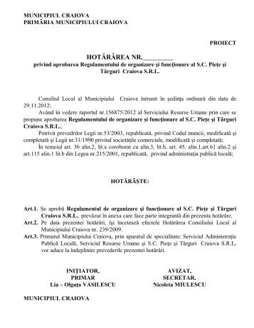 Proiect de hotărâre privind aprobarea ... - Primaria Craiova