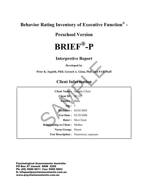 BRIEF-P SP Interpretive Report - Psychological Assessments Australia