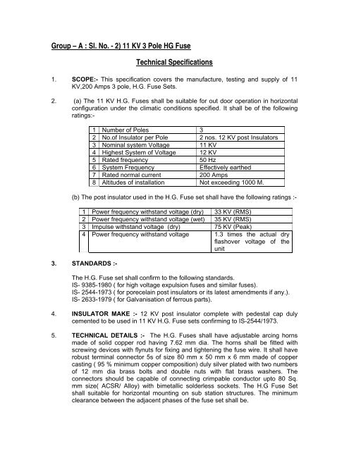 2) 11 KV 3 Pole HG Fuse Technical Specifications - Nesco