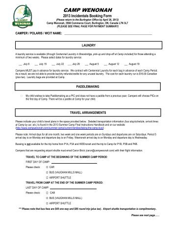 Incidental Booking Form - Camp Wenonah