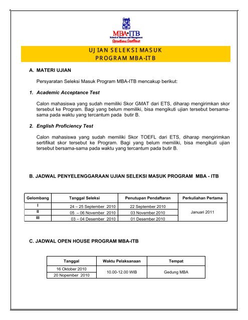 Ujian Seleksi Masuk Program Mba Itb Sbm Itb