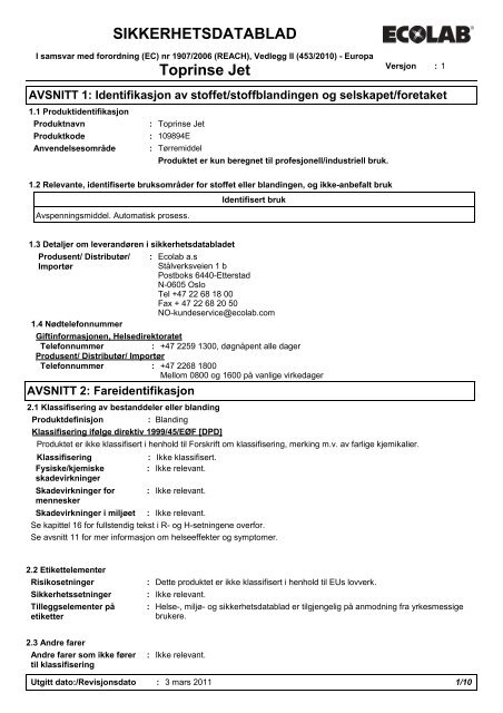 SIKKERHETSDATABLAD Toprinse Jet