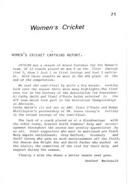 REPORT - Weston Creek Cricket Club