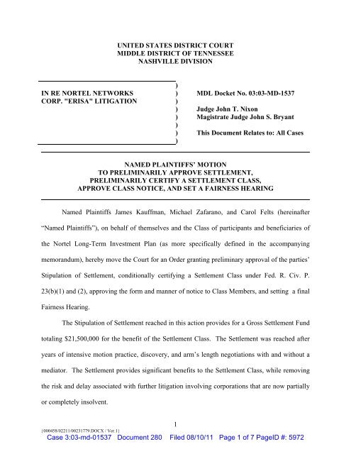 Plaintiffs' Motion for Preliminary Approval of Settlement - Berger ...
