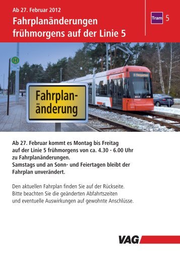 Fahrplanänderungen frühmorgens auf der Linie 5 - VAG