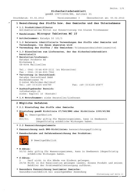 Sicherheitsdatenblatt 1 Bezeichnung des Stoffs bzw. des Gemischs ...