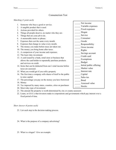 Consumerism Test - Monroe County Schools