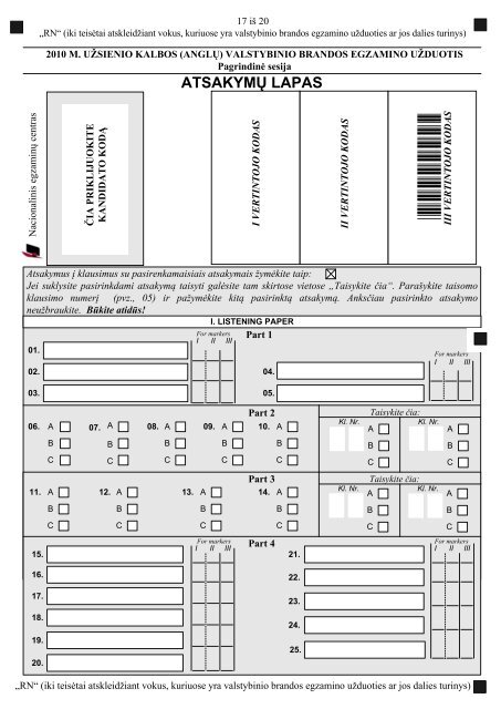 ATSAKYMÅ² LAPAS *000000* - Nacionalinis egzaminÅ³ centras