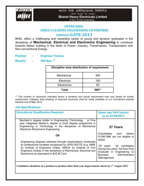 BHEL - Recruitment (500 Posts) through GATE 2013