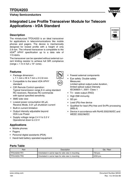 TFDU4203 Integrated Low Profile Transceiver Module for Telecom ...