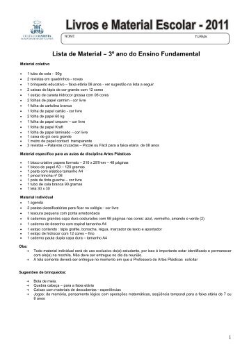 Lista de Material â 3Âº ano do Ensino Fundamental