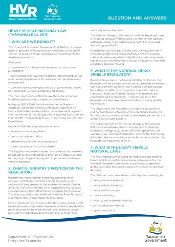 Heavy Vehicle Reform Legislation Q and A, (PDF) - Transport