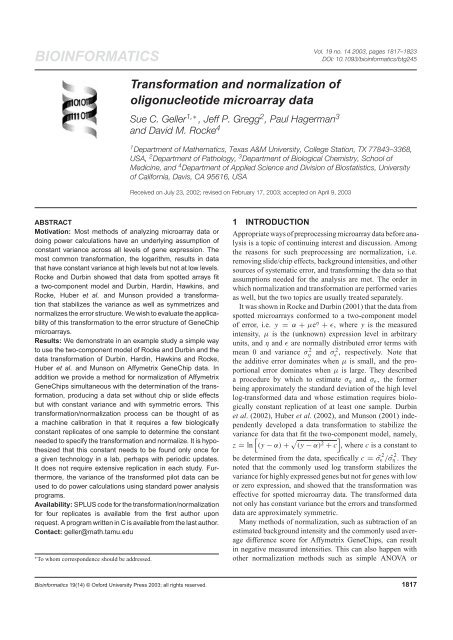 Transformation and normalization of oligonucleotide microarray data