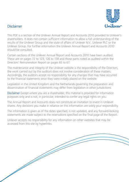 Annual Report & Accounts 2010: Outlook and risks - Unilever