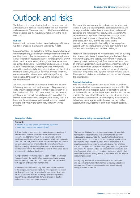 Annual Report & Accounts 2010: Outlook and risks - Unilever