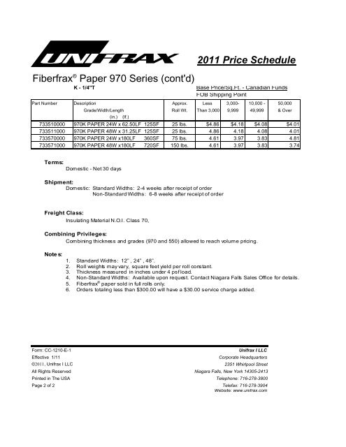 2011 Price Schedule Fiberfrax® Paper 970 Series (cont'd) - Unifrax