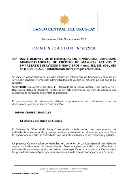 C O M U N I C A C I Ã“ N NÂ°2012/201 - Banco Central del Uruguay