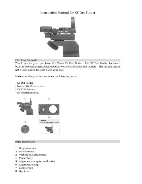 Instruction Manual for XY Dot Finder - Vixen Optics