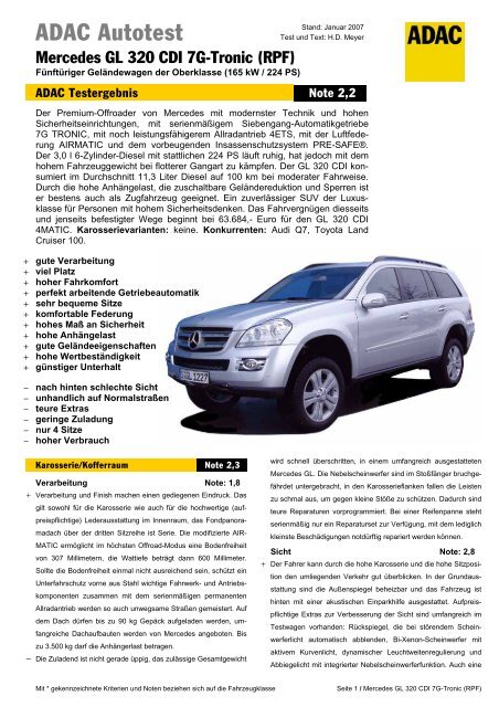 Umfassender Test Mercedes GL 320 CDI 7G-Tronic (RPF) - ADAC