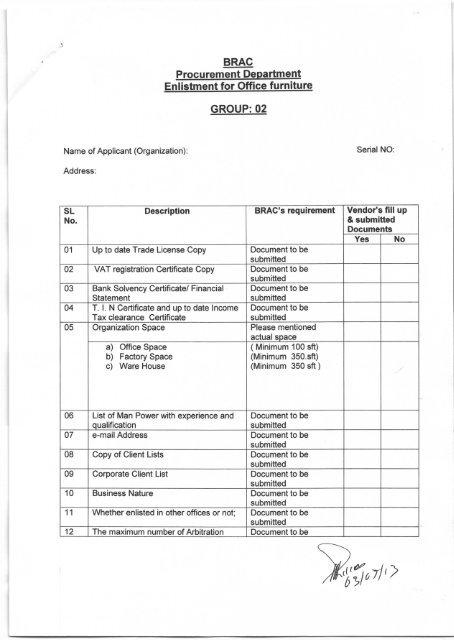 Procu rement DePartment Enlistment for Office furniture ... - Brac