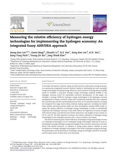 Measuring the relative efficiency of hydrogen energy technologies ...