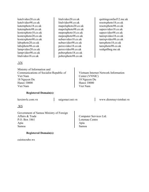 Appendix A â List of Domain Names by Registry .COM, .NET, .CC ...