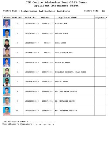 DTE Centre Admission Test-2013(June) Applicant Attendance Sheet