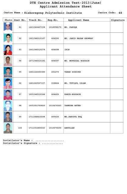 DTE Centre Admission Test-2013(June) Applicant Attendance Sheet