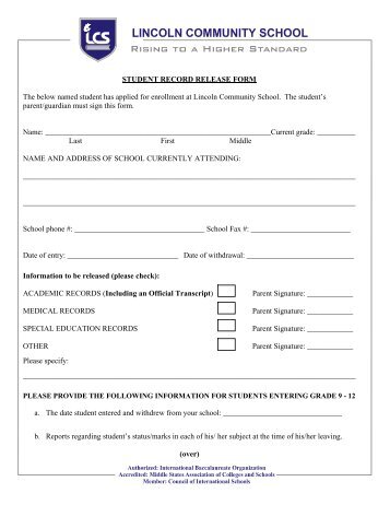 STUDENT RECORD RELEASE FORM The below named student ...