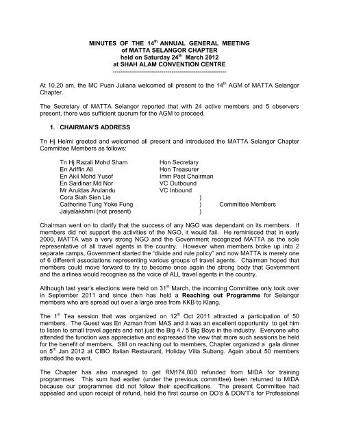 Minutes Of The 14th Annual General Meeting Of Matta
