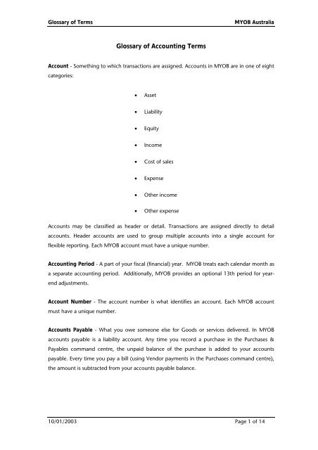 MYOB - Glossary of Accounting Terms