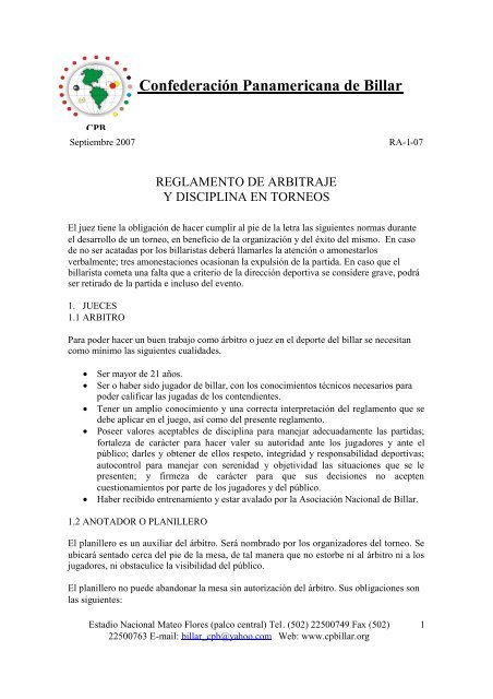 Arbitraje y Disciplina - ConfederaciÃ³n Panamericana de Billar