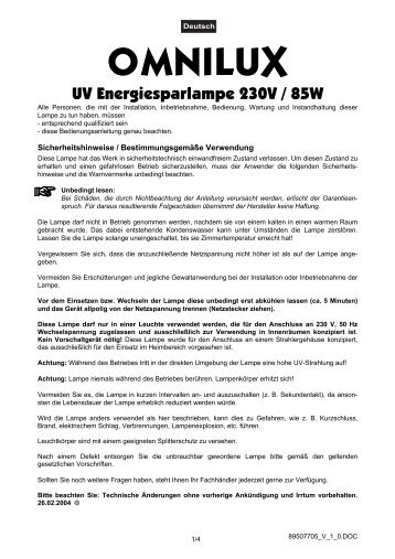 OMNILUX UV 230V/85W E-27 Energiesparlampe User Manual