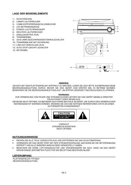 stereo plattenspieler ttr 8631 bedienungsanleitung - Reflexion