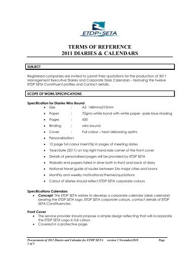 TERMS OF REFERENCE 2011 DIARIES & CALENDARS - ETDP Seta