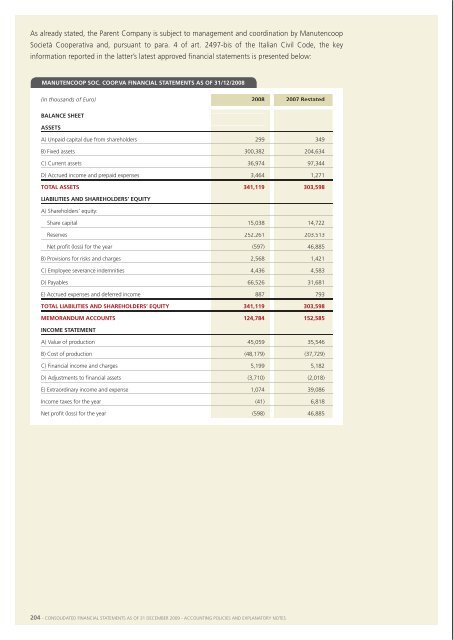 Financial Statements 2009 - Manutencoop