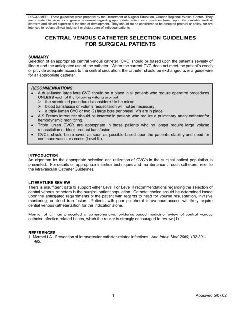 central venous catheter selection guidelines for surgical patients