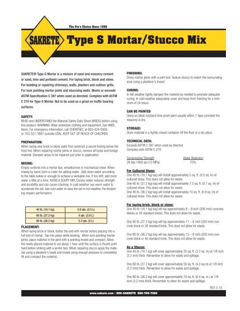 Sakrete Type S Mortar Stucco Mix Tech Data 3-10.indd