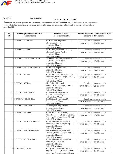 ANUNT COLECTIV - Ministerul FinanÅ£elor Publice