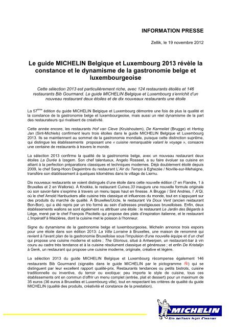 Le guide MICHELIN Belgique et Luxembourg 2013 rÃ©vÃ¨le ... - RTL.lu