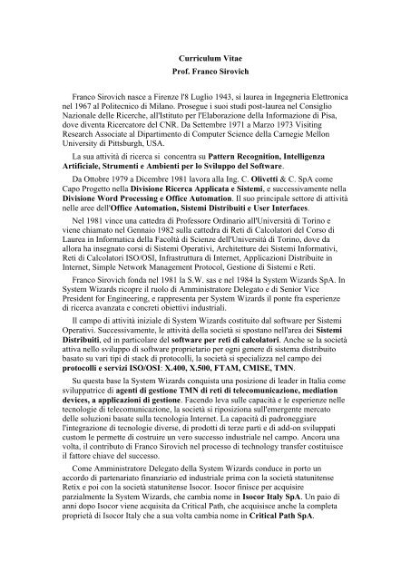 Curriculum Vitae Prof. Franco Sirovich Franco Sirovich nasce a ...