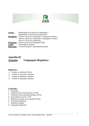 Apostila 02 Assunto: Linguagens Regulares