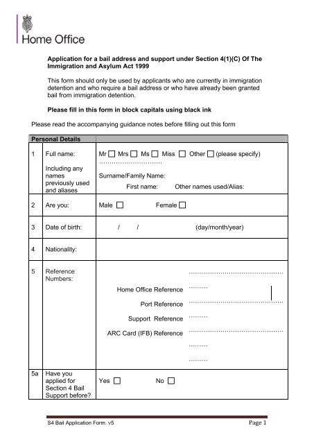 Section 4 bail application form - UK Border Agency