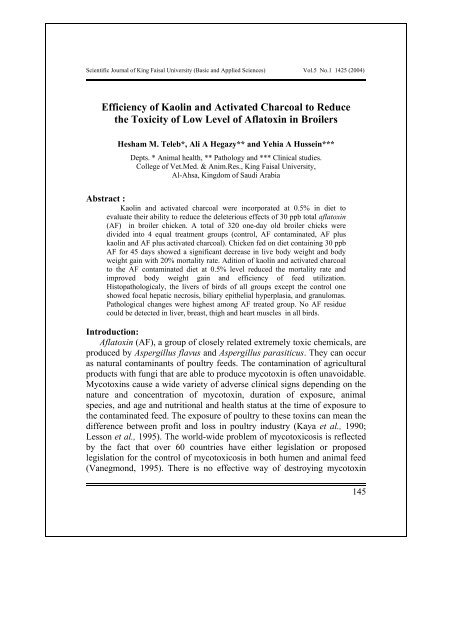 Efficiency of Kaolin and Activated Charcoal to Reduce the Toxicity of ...